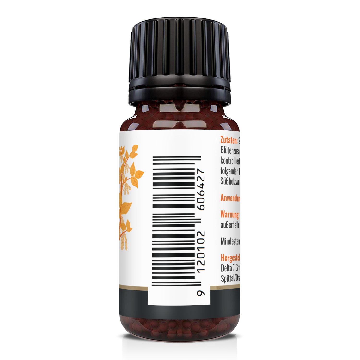 Retro del flacone di vetro marrone. Codice a barre e informazioni sul produttore sono visibili.