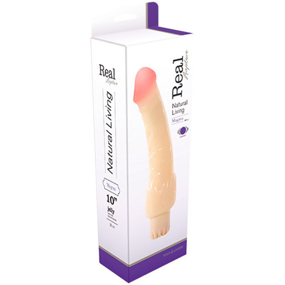 Confezione con dildo. Scritte: Real, Natural Living, Magma, 10 pollici. Prodotto nella confezione.