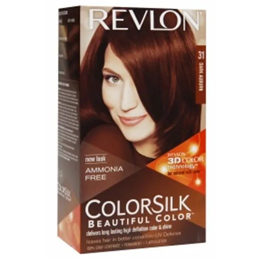 Confezione Revlon Colorsilk 31 Dark Auburn. Donna con capelli castani. Visibili "Ammonia Free" e "3D Color Technology".