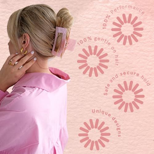 Persona con fermaglio rosa tra i capelli. Testo: 100% delicato sui capelli, tenuta sicura, design unici.
