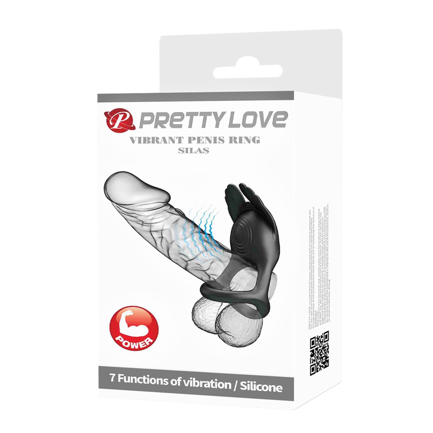 Confezione di Pretty Love Silas. Contiene un anello fallico. Testo: Vibrating Penis Ring Silas, 7 funzioni di vibrazione.