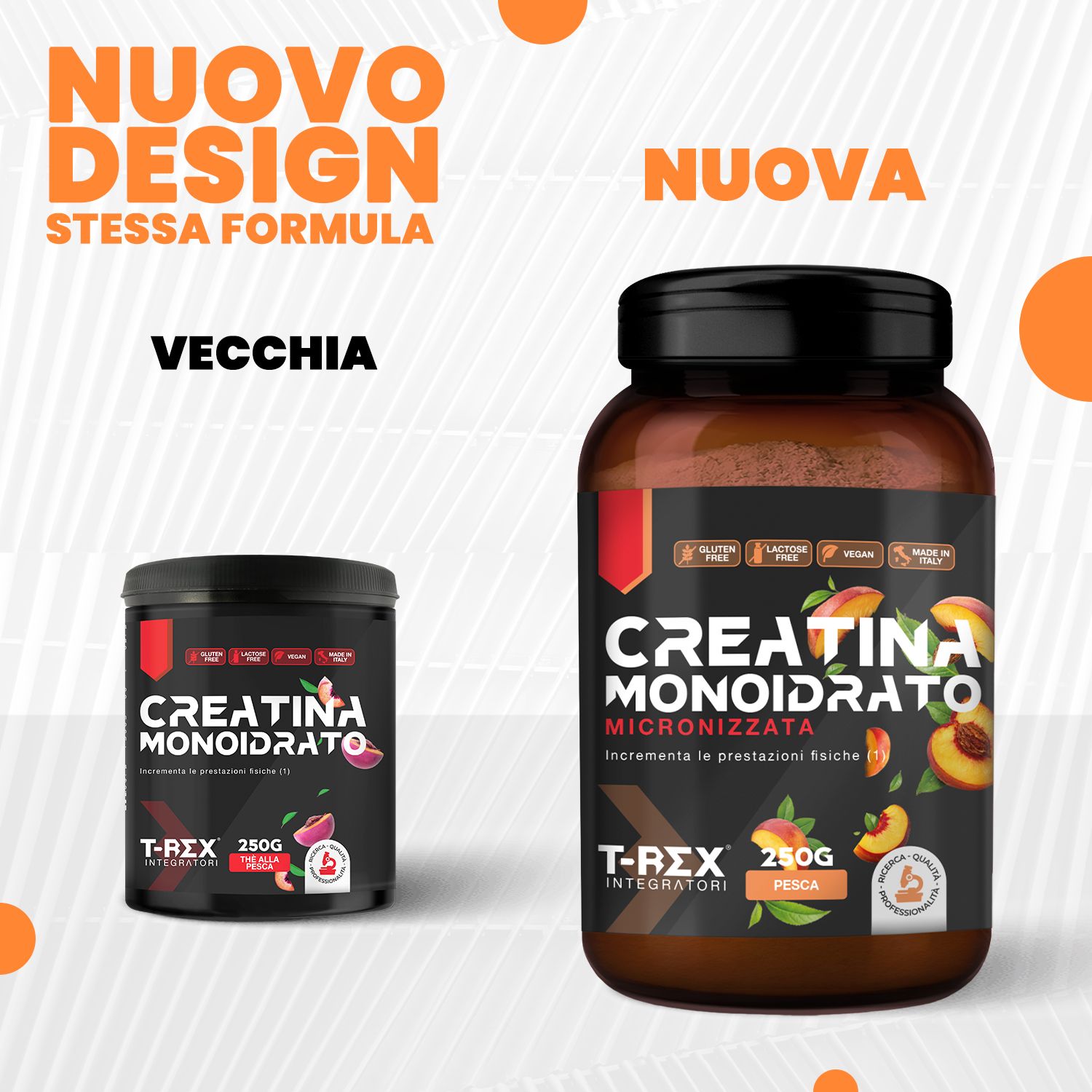 Confronto: Vecchia e nuova confezione. Creatina Monoidrato Micronizzata, gusto pesca. Marchio T-Rex.