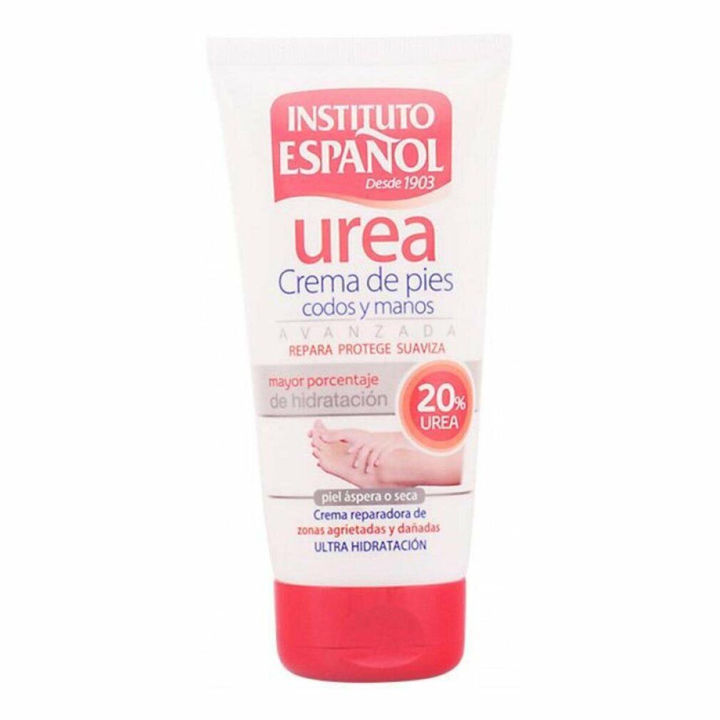 Tubo bianco con tappo rosso. Scritta: Instituto Español Urea, crema per piedi, gomiti e mani. Contiene il 20% di urea.