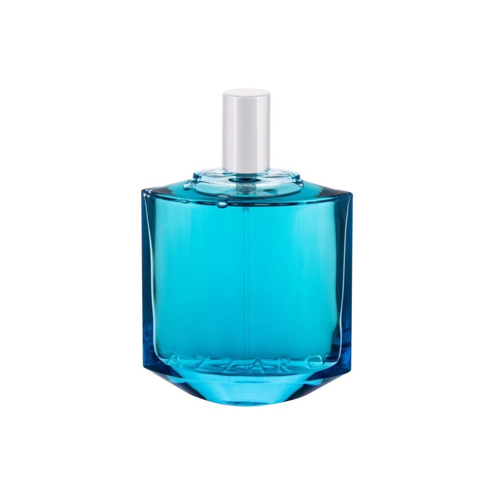 Flacone Azzaro Chrome Legend EdT. Flacone blu, angolare, con tappo bianco. Contenuto trasparente. Logo Azzaro visibile.