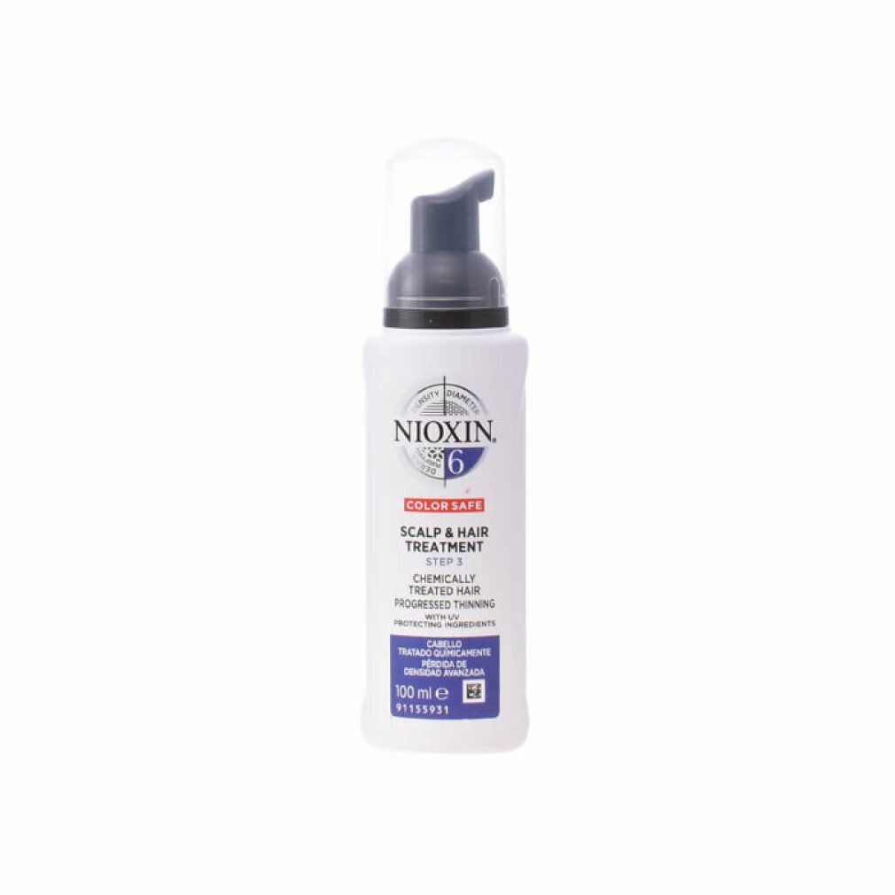 Flacone bianco con erogatore nero. Scritta Nioxin 6, Scalp & Hair Treatment. Protezione colore. Per capelli trattati chimicamente.