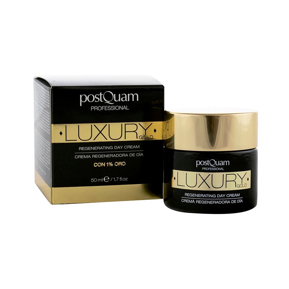 Scatola nera e vasetto. Scritta: Luxury Gold, Regenerating Day Cream. Marchio: Postquam Professional. Con 1% oro.