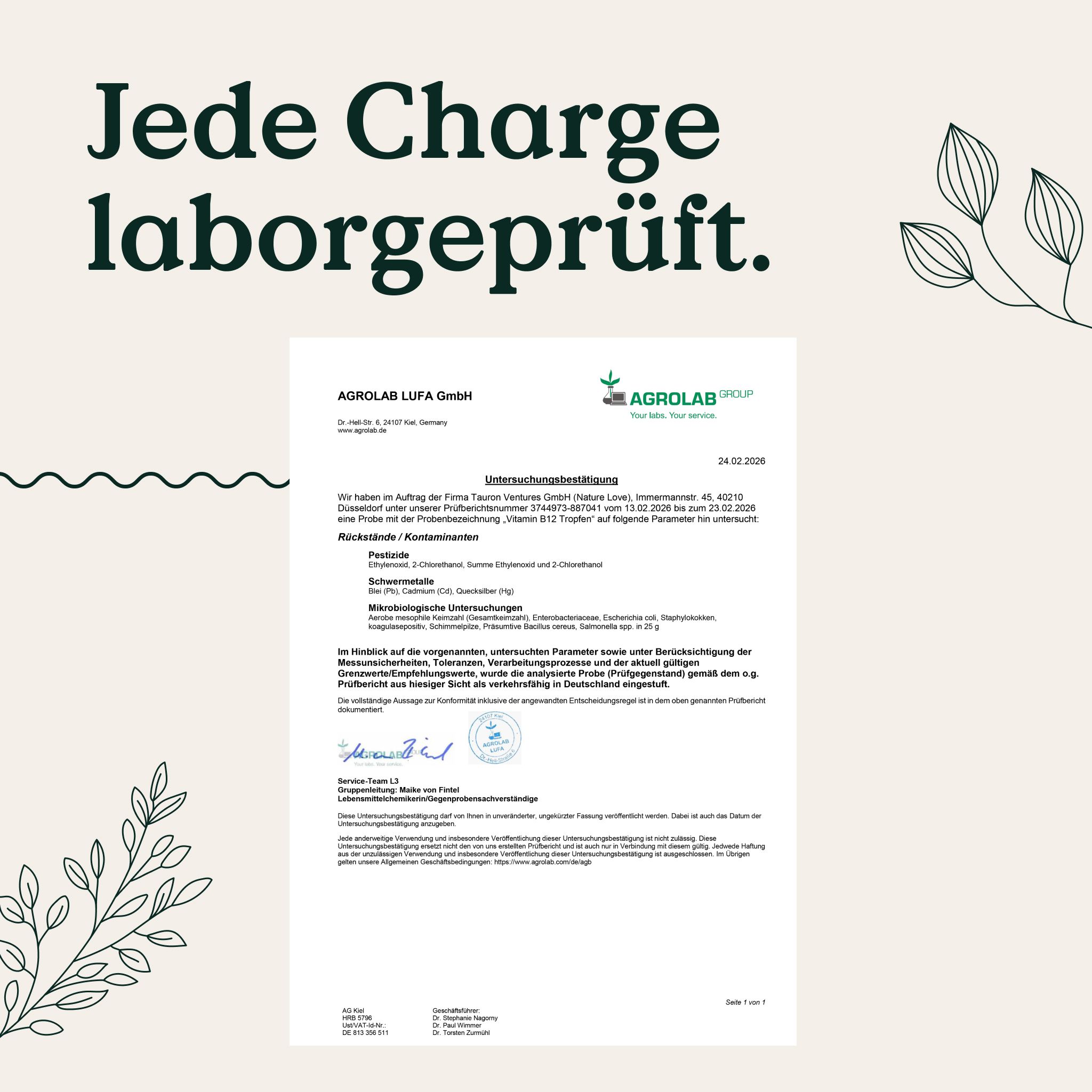 Rapporto di laboratorio Agrolab per NATURE LOVE Vitamina B12, controllo lotto.