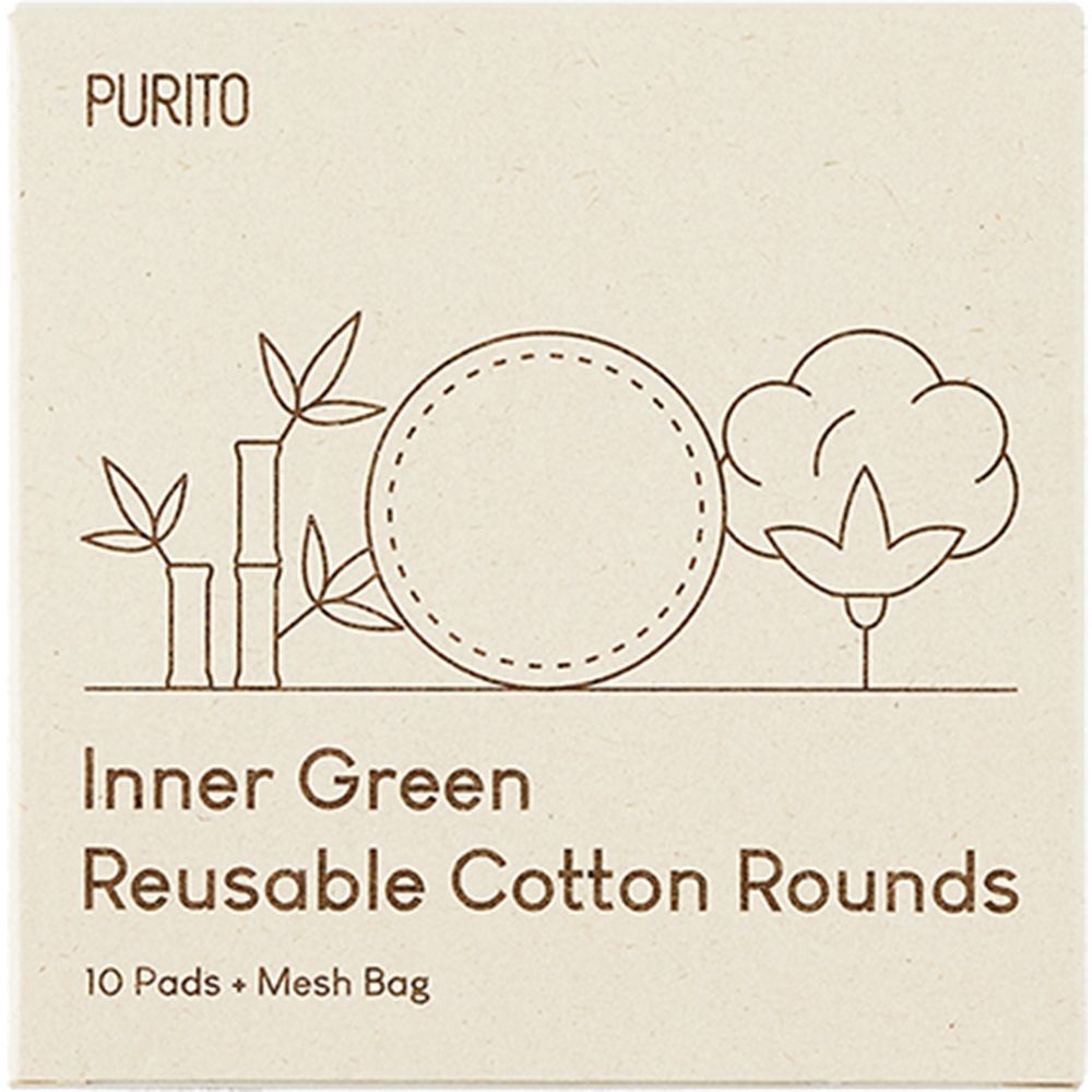Confezione quadrata con illustrazione del prodotto e testo. Testo: PURITO, Inner Green Reusable Cotton Rounds, 10 Pads + Mesh Bag.