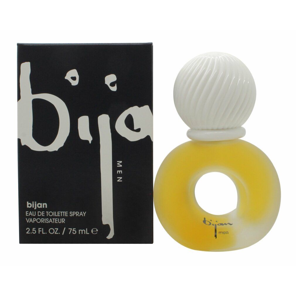 Flacone di profumo giallo con tappo bianco accanto a scatola nera. Logo "bijan" e testo. 2.5 FL. OZ. / 75 ml.