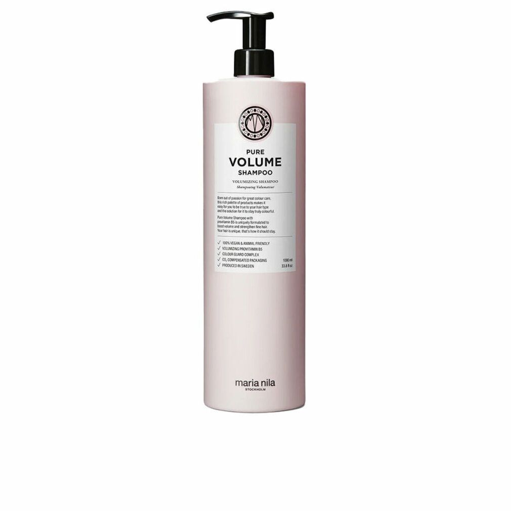 Flacone di shampoo rosa con erogatore nero. Etichetta con testo: PURE VOLUME SHAMPOO. Marchio: Maria Nila.