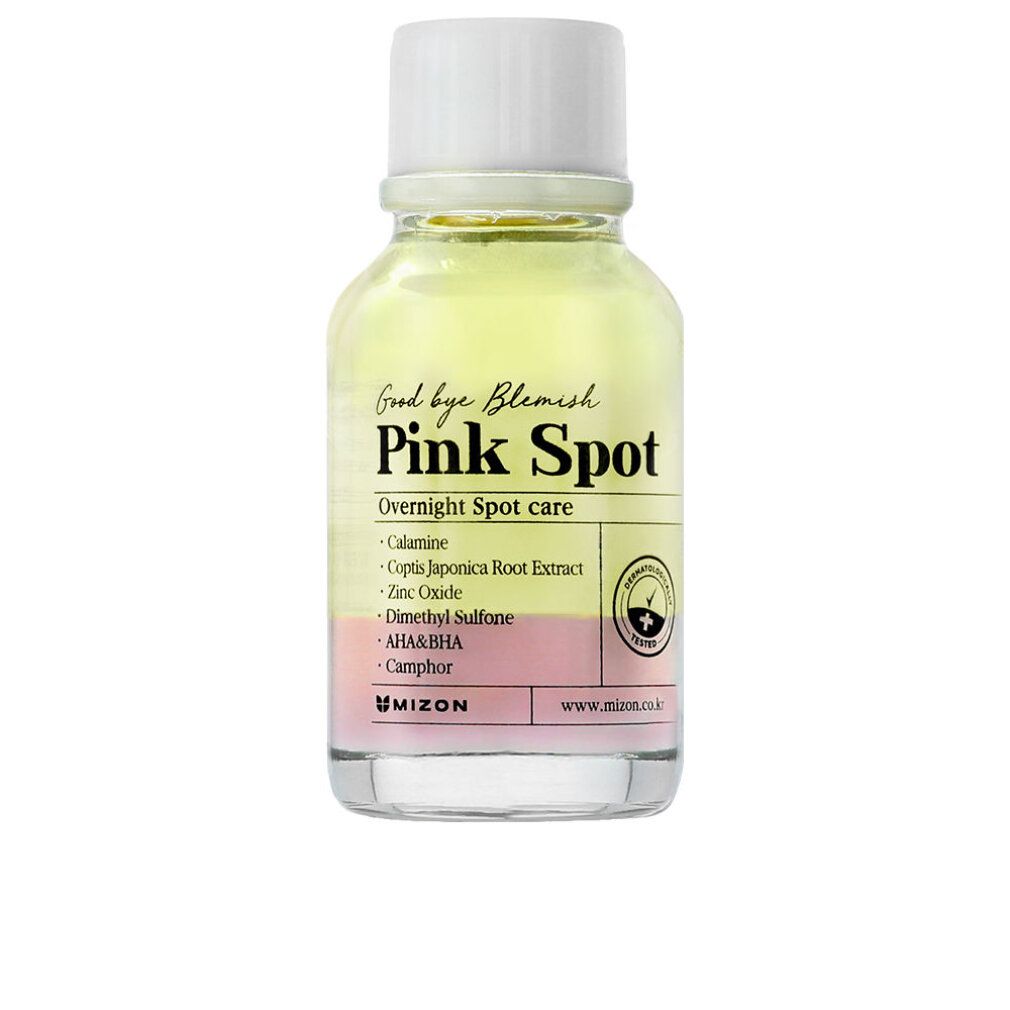Flacone trasparente con liquido rosa e giallo. Scritta: Good bye Blemish Pink Spot. Contiene calamina, AHA&BHA.