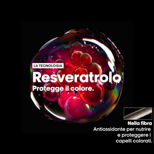 Immagine astratta di molecole di resveratrolo che proteggono il colore, con testo sulla tecnologia.