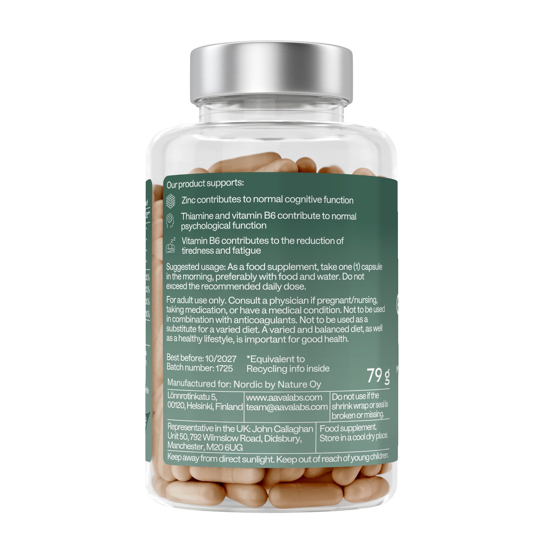 Retro delle capsule Aavalabs Ginkgo Biloba. Informazioni sull'uso. 79g. Da consumare preferibilmente entro 10/2027. Prodotto in Finlandia.