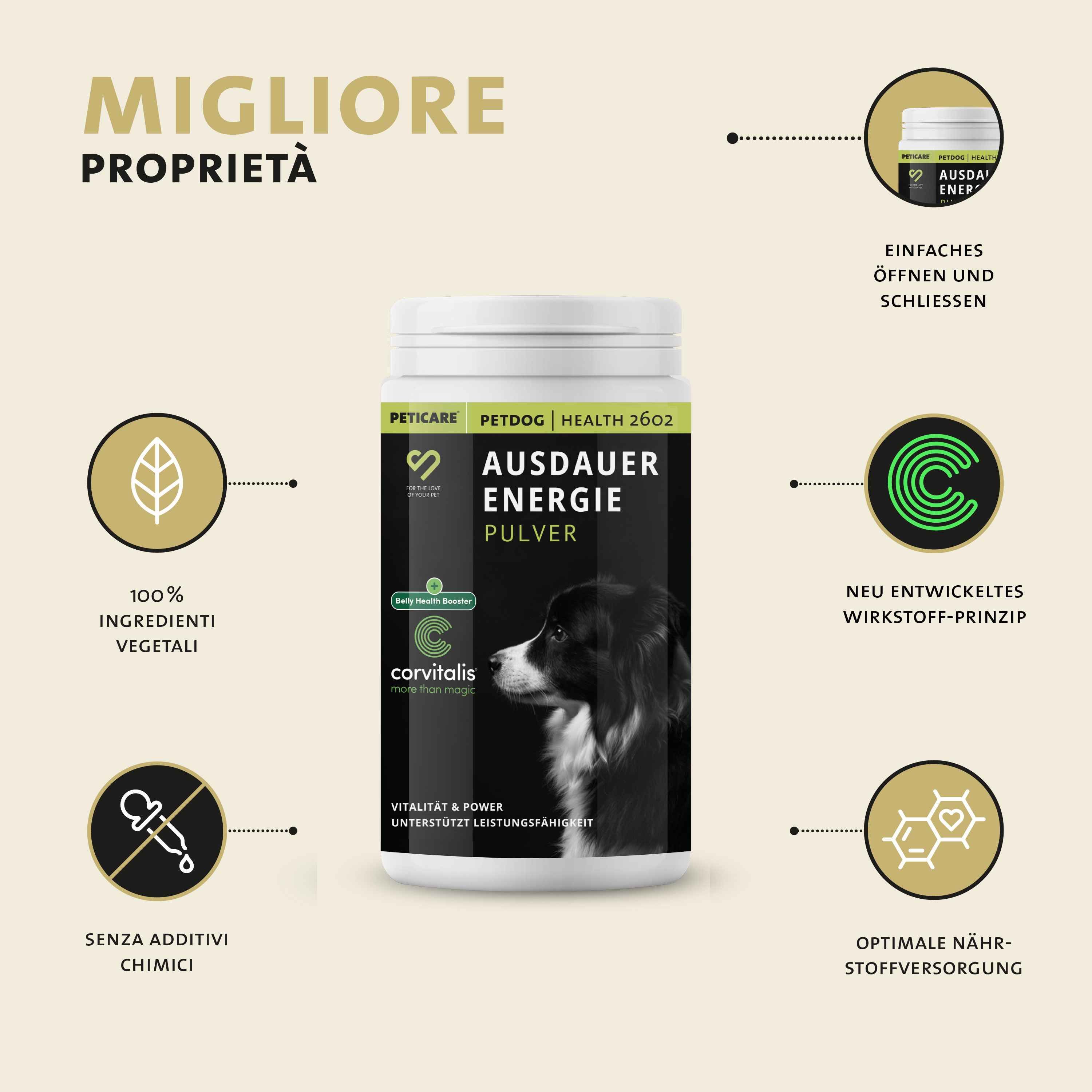 Barattolo con etichetta nera. Testo: PETICARE, PETDOG, Ausdauer Energie, polvere. Illustrazione di un cane.
