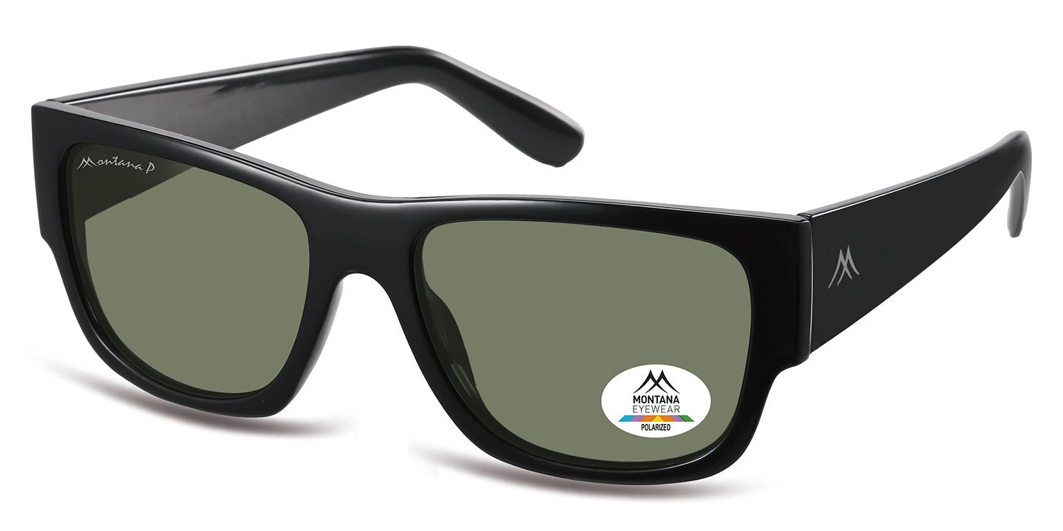 Occhiali da sole neri con lenti verdi. Logo Montana Eyewear e sigillo polarizzato. Vista laterale.
