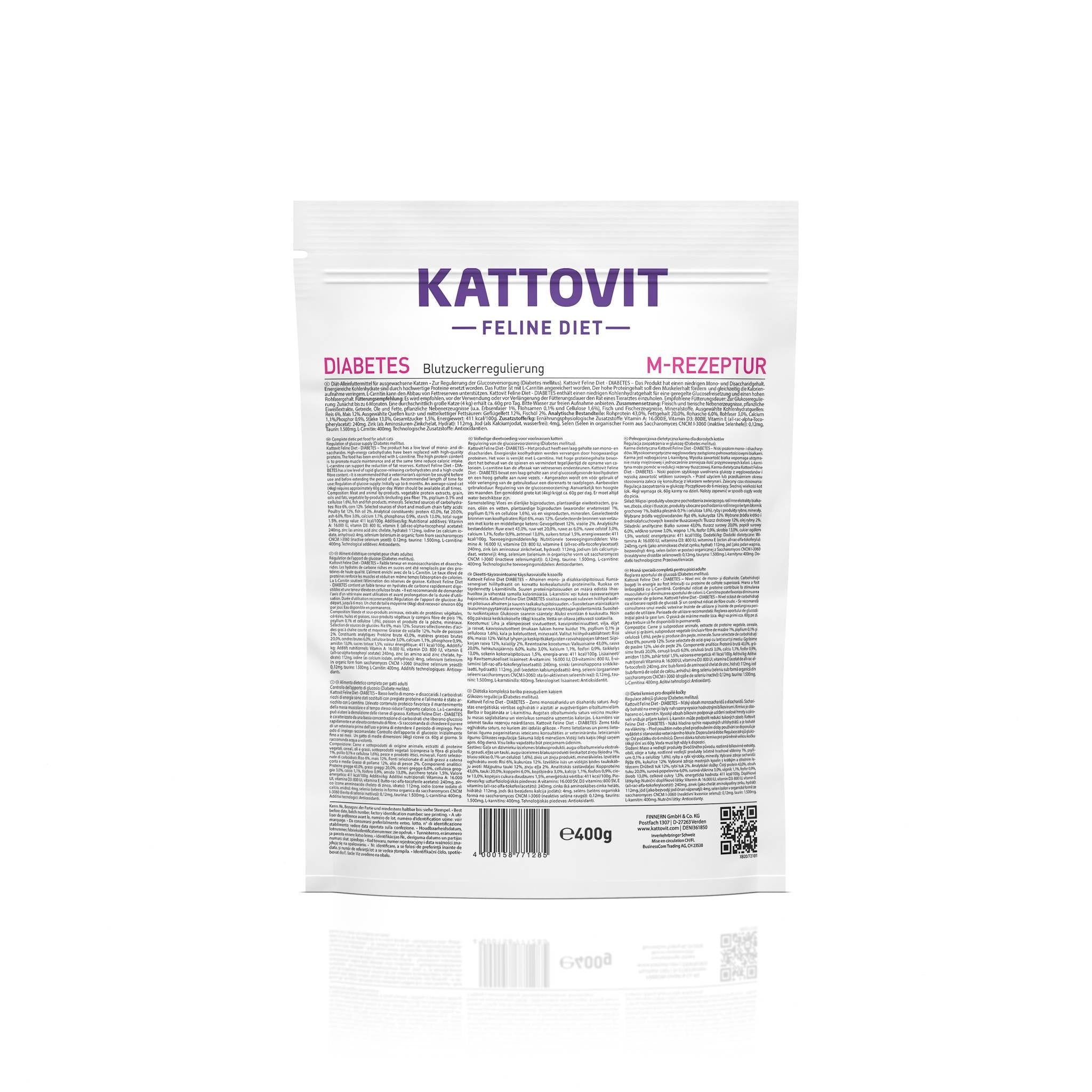 Sacchetto Kattovit Feline Diet Diabetes M-Rezeptur 400g, vista laterale.