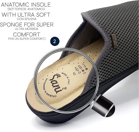 Primo piano di una pantofola Sani grigia con tomaia in mesh. Soletta anatomica con testo.