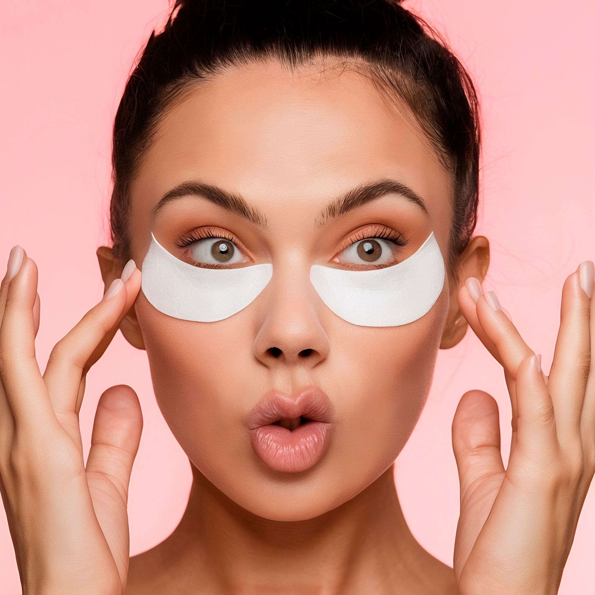 Donna con patch sotto gli occhi. Sfondo rosa. Mani sugli occhi.