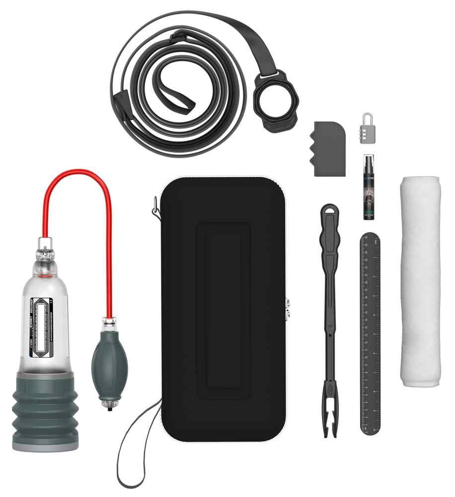Set di prodotti con cilindro, pompa, custodia, accessori. Custodia nera, accessori, righello, spazzola per la pulizia, cinturino.