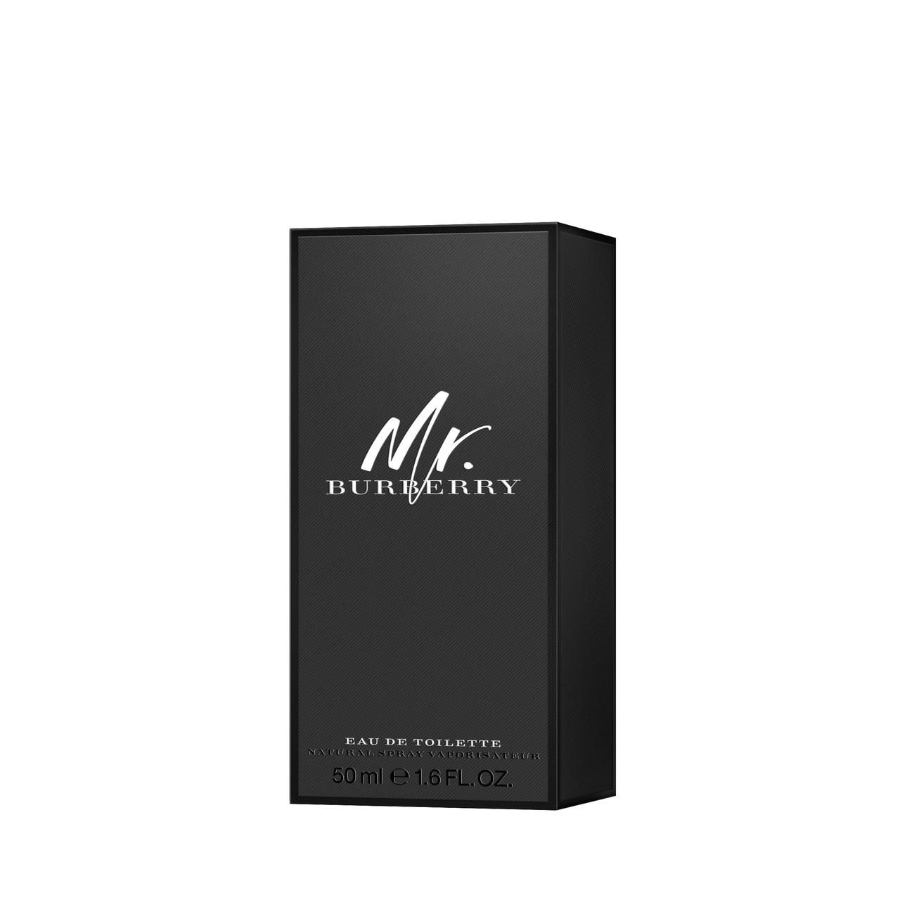 Scatola nera con logo "Mr. Burberry" bianco. Testo: Eau de Toilette, 50 ml, 1.6 FL OZ.