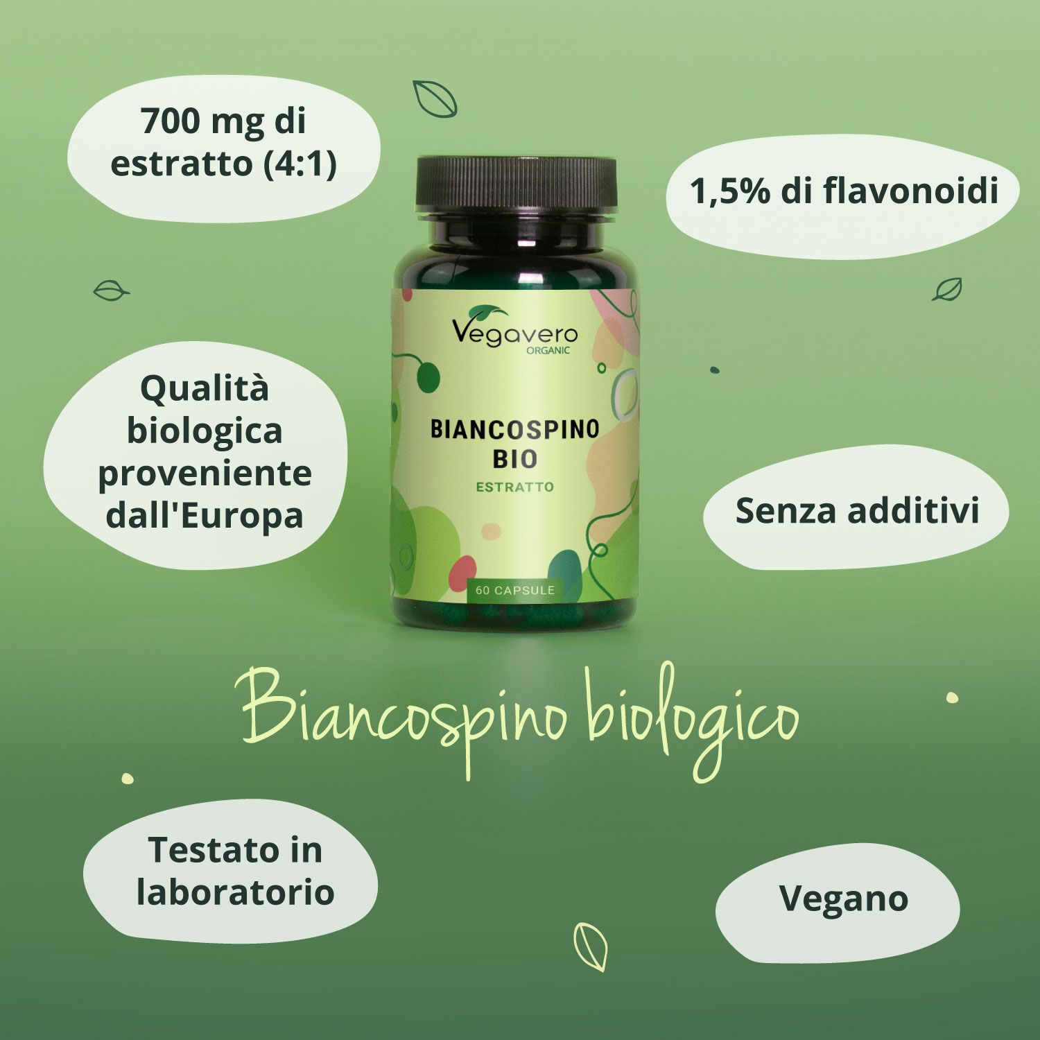 Flacone verde e tappo nero. Testo: Biancospino BIO Estratto. Info: 700 mg estratto, 1,5% flavonoidi.