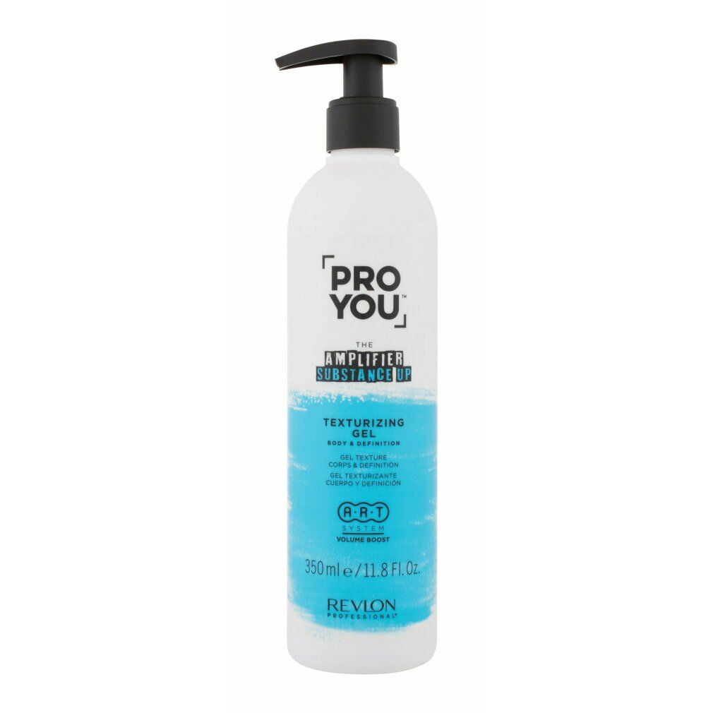 Flacone con erogatore nero. Scritta: PRO YOU, THE AMPLIFIER SUBSTANCE UP, TEXTURIZING GEL. Colori blu e bianco.