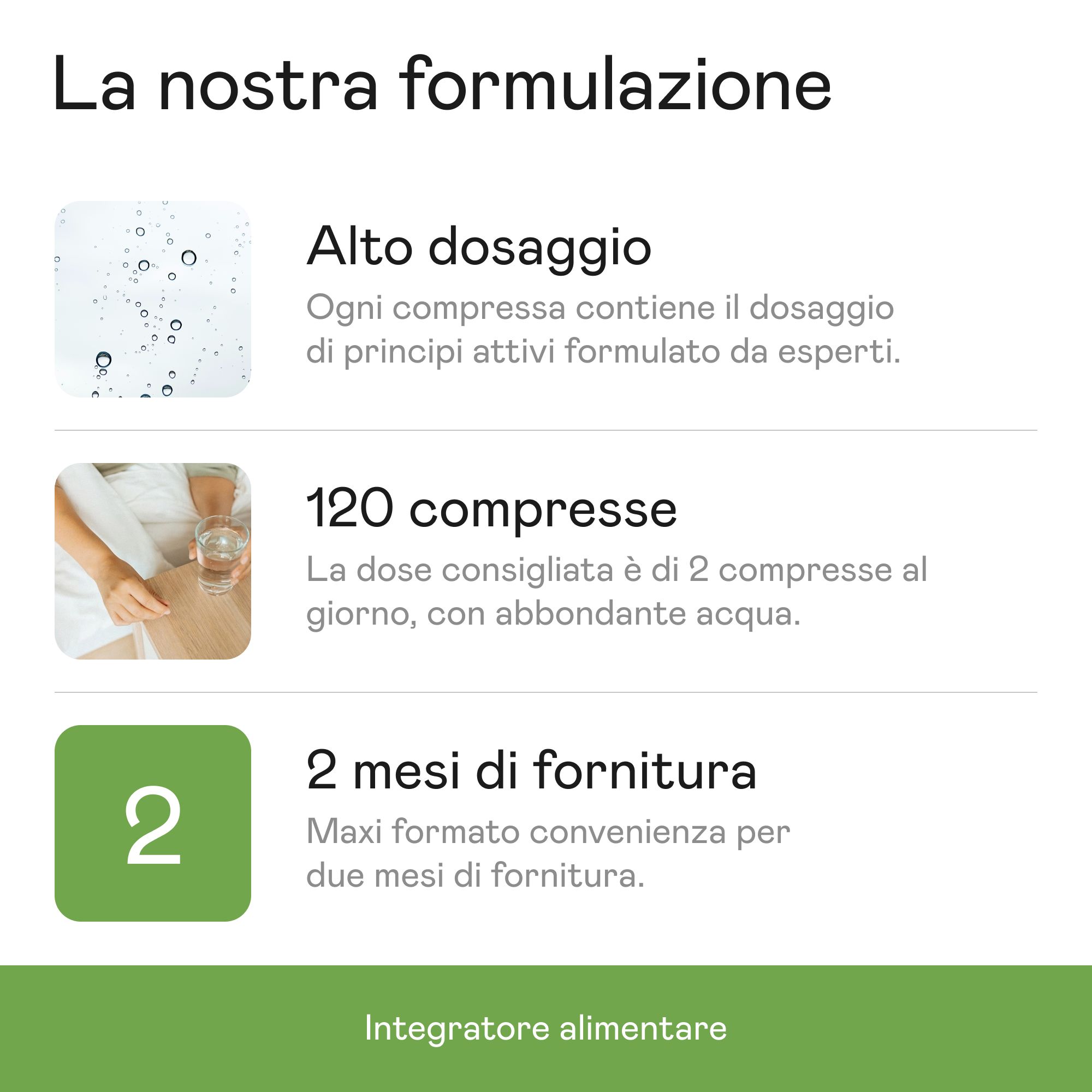 Infografica: Dosaggio elevato, 120 compresse, 2 mesi di fornitura. Integratore alimentare.