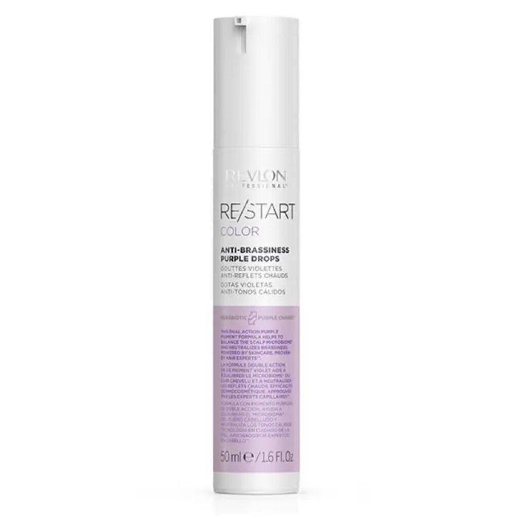 Flacone bianco-viola. Scritta: Revlon Re-Start Color Anti-Brassiness Purple Drops. 50ml/1.6 fl.oz.