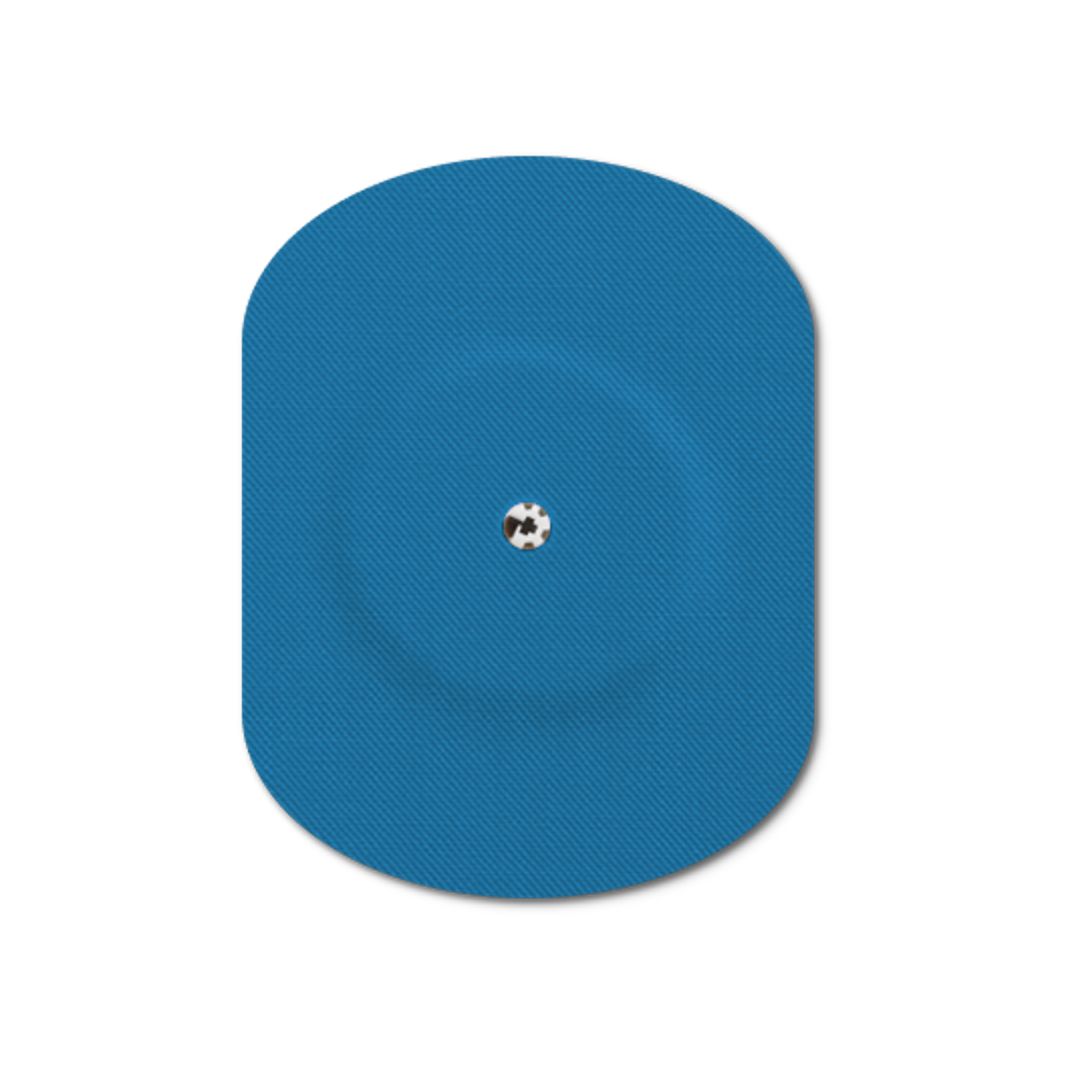 Cerotto blu con foro di ventilazione. Ovale, con foro centrale e superficie tessuta.