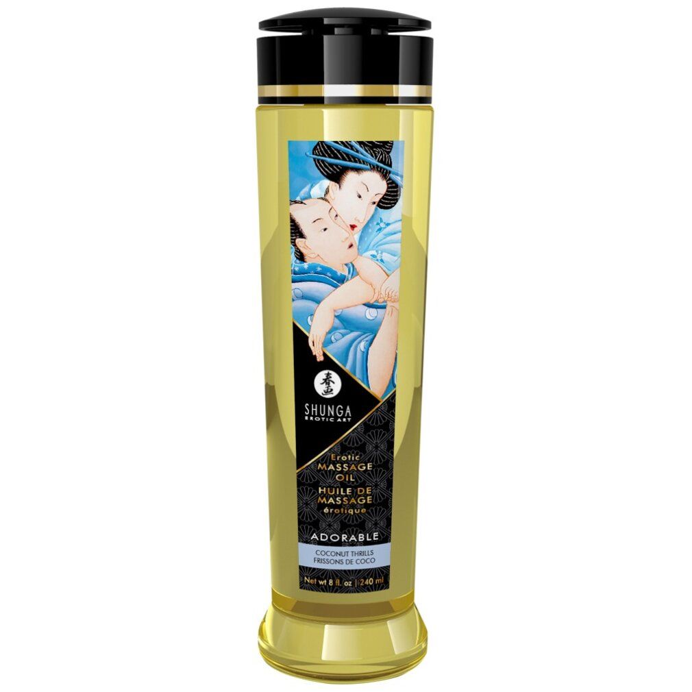 Flacone cilindrico con tappo nero. Etichetta con illustrazione e testo: Shunga, Erotic Massage Oil, Adorable.