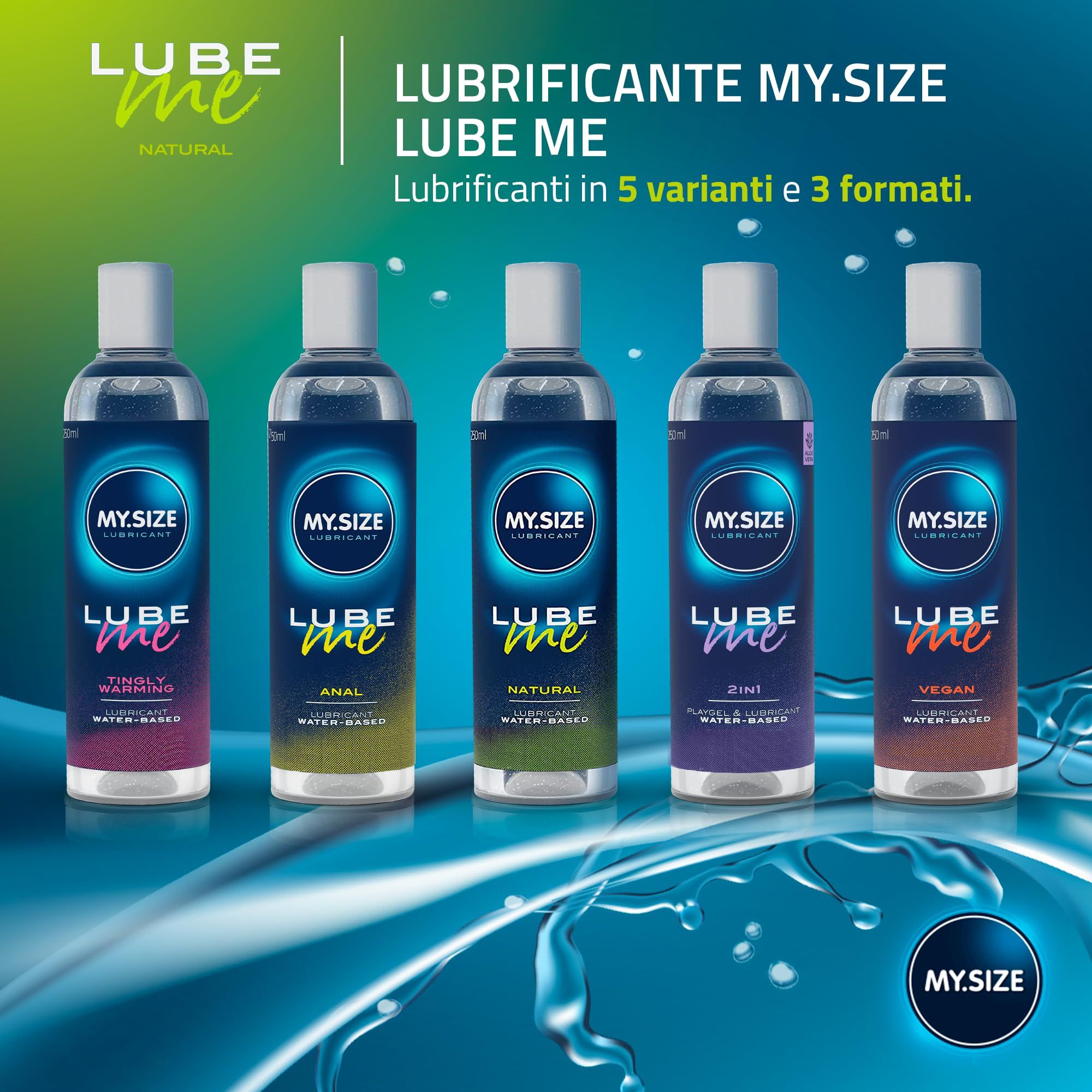 Cinque flaconi di gel lubrificante MY.SIZE Lube Me in diverse varianti.