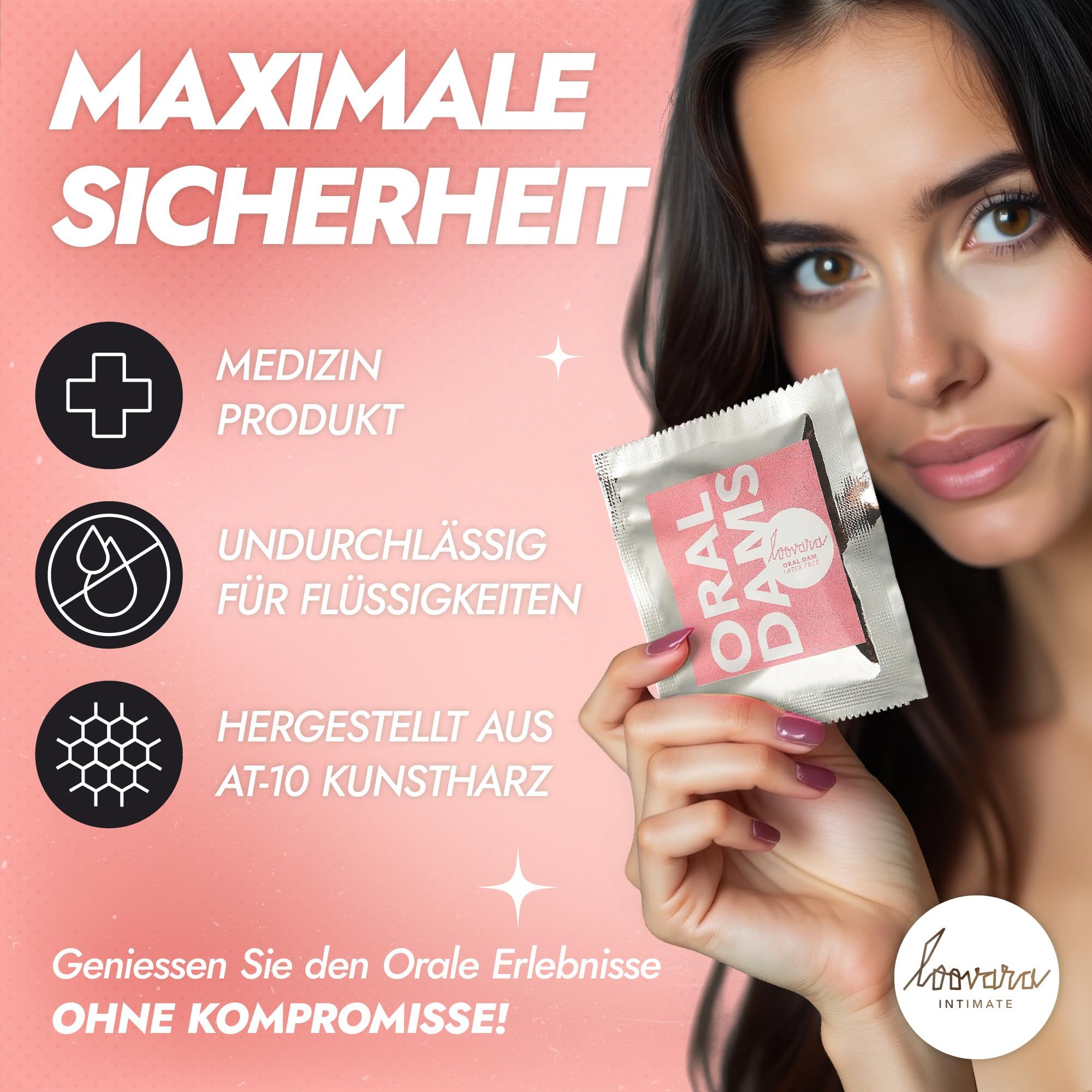 Una donna tiene una confezione di Loovara Oral Dams. Dispositivo medico, impermeabile, resina AT-10.