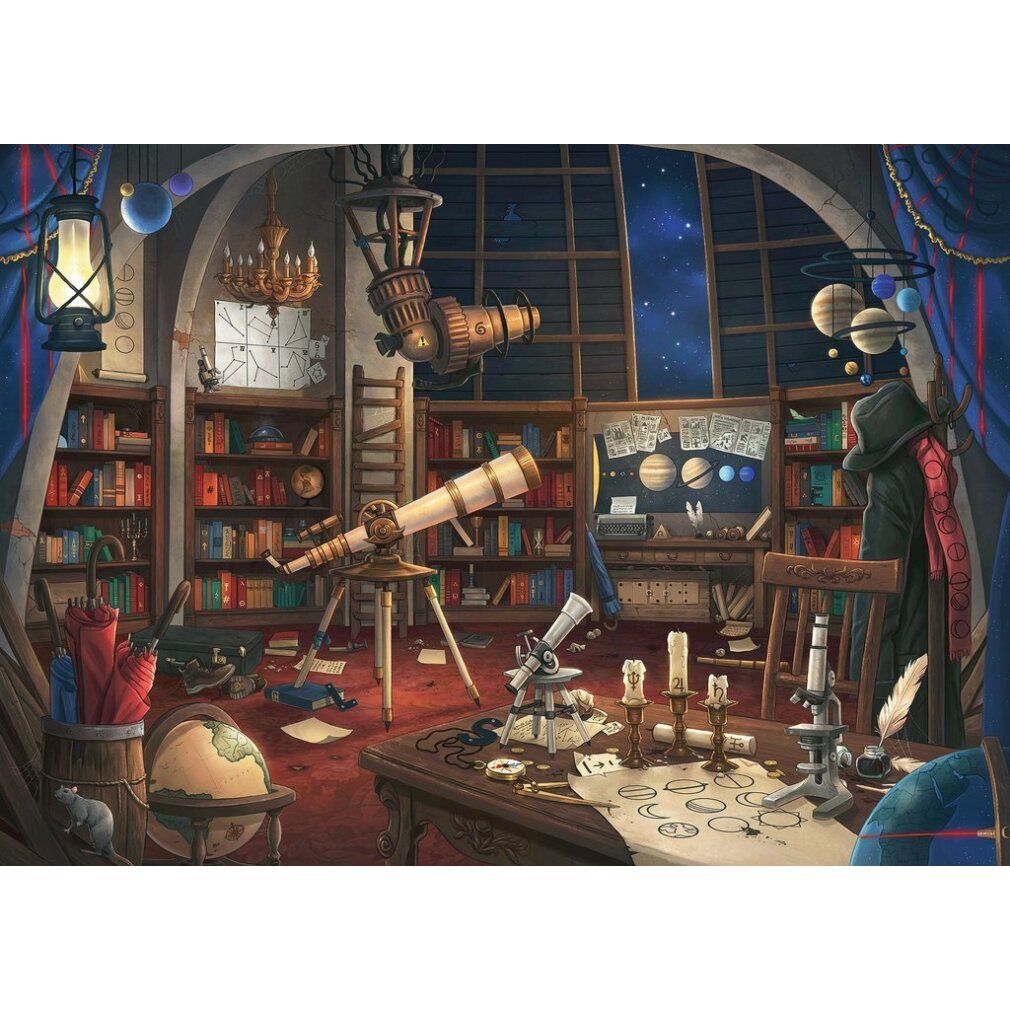 Motivo puzzle: interno di un osservatorio con telescopi, libri e corpi celesti. Una finestra mostra il cielo notturno.