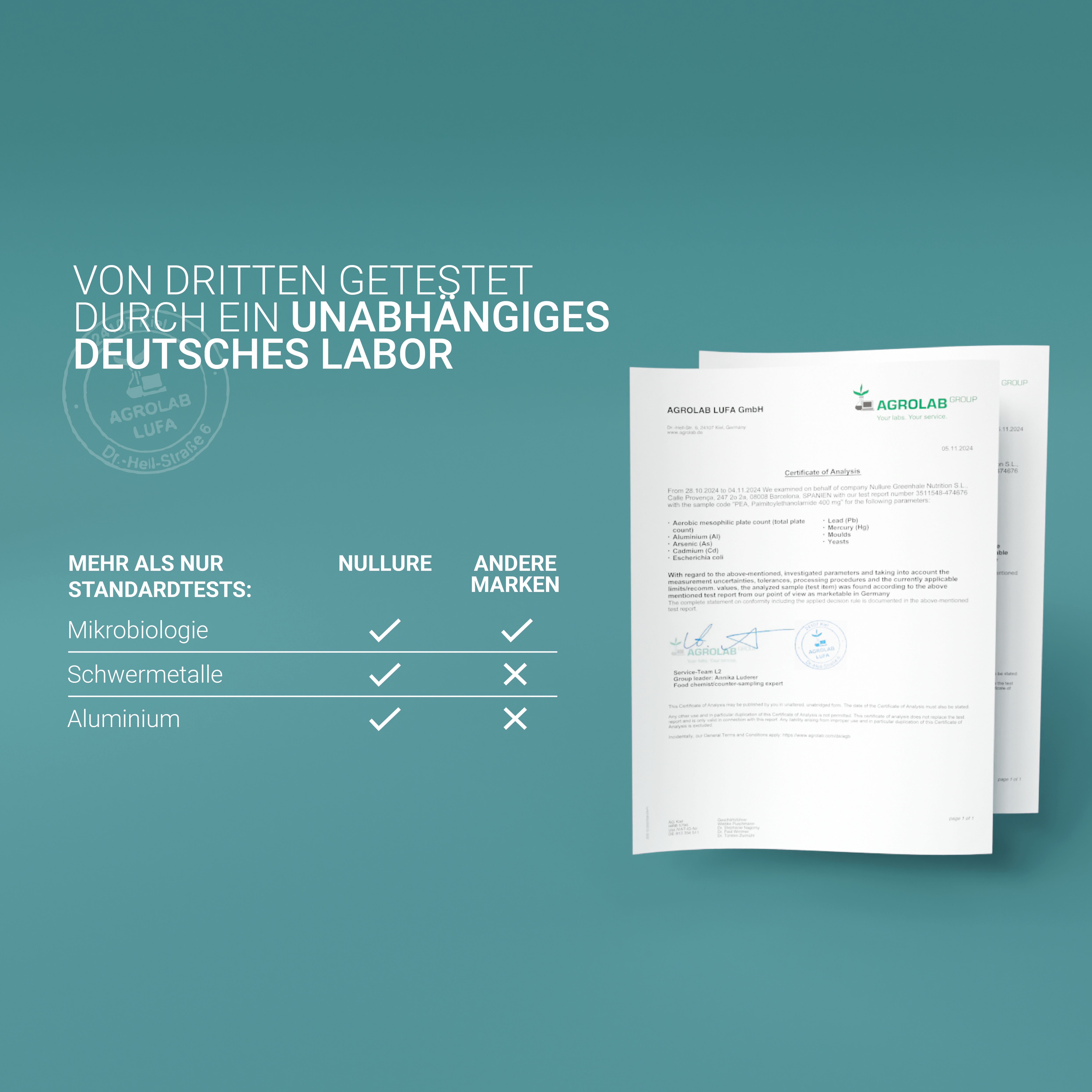Due fogli con testo. Testo: Testato da un laboratorio tedesco indipendente. Microbiologia, metalli pesanti, alluminio.