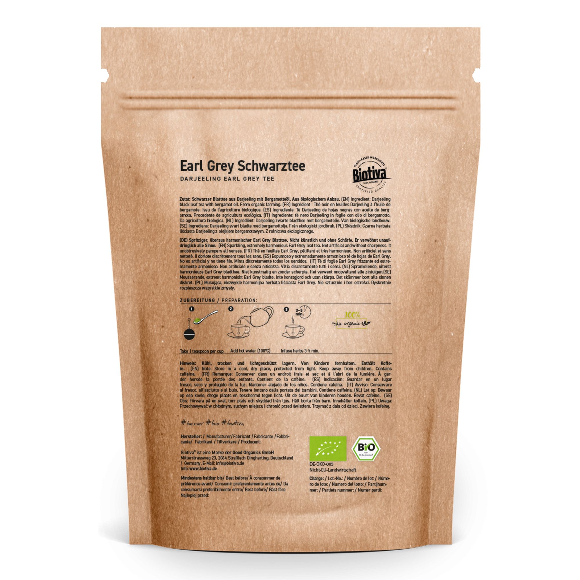 Retro della confezione Biotiva Darjeeling Earl Grey Schwarztee Bio. Carta marrone con testo e loghi. Certificazione bio.