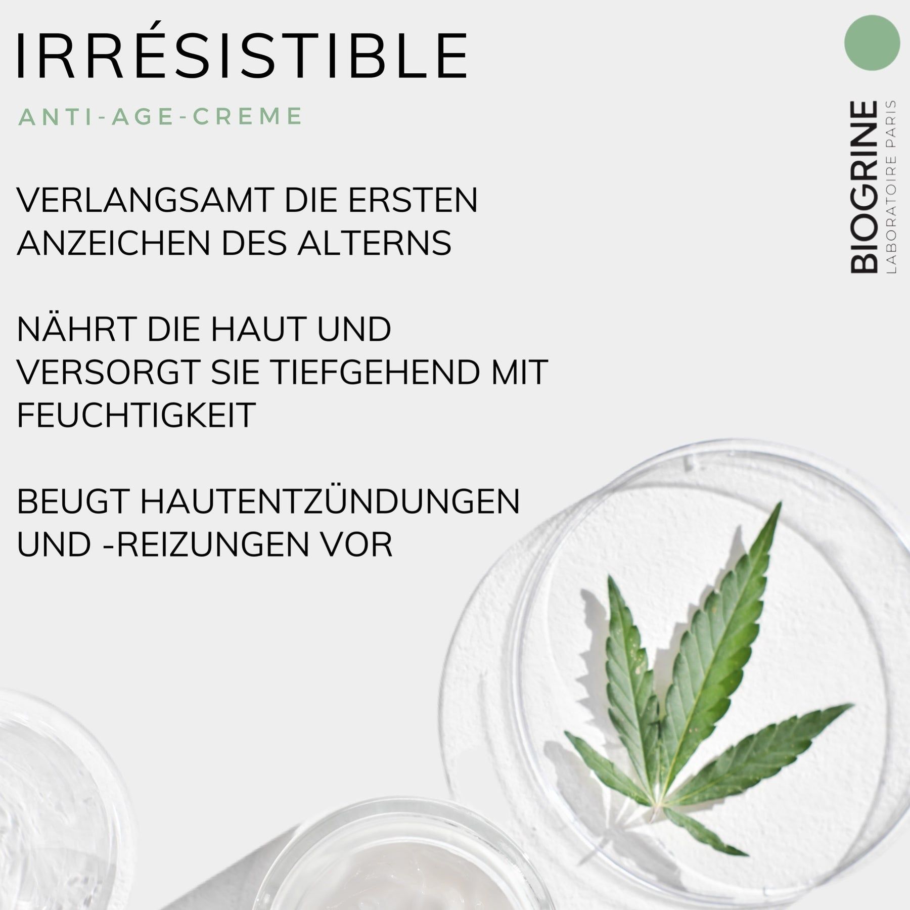 Testo: „IRRESISTIBLE“ crema anti-età con CBD. Rallenta i segni dell'età. Nutre la pelle. BIOGRINE.