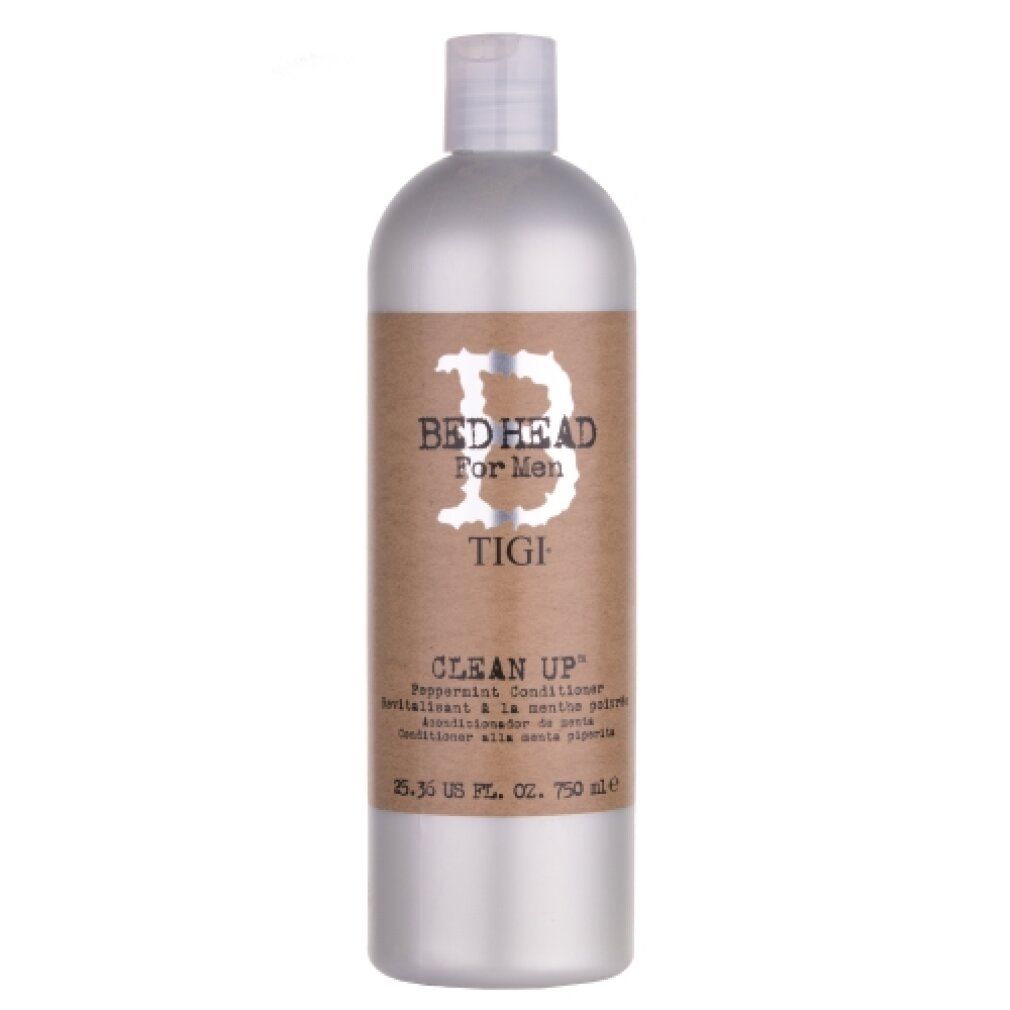 Flacone argentato con etichetta marrone. Scritta: Bed Head For Men, Clean Up Peppermint Conditioner. 750 ml.