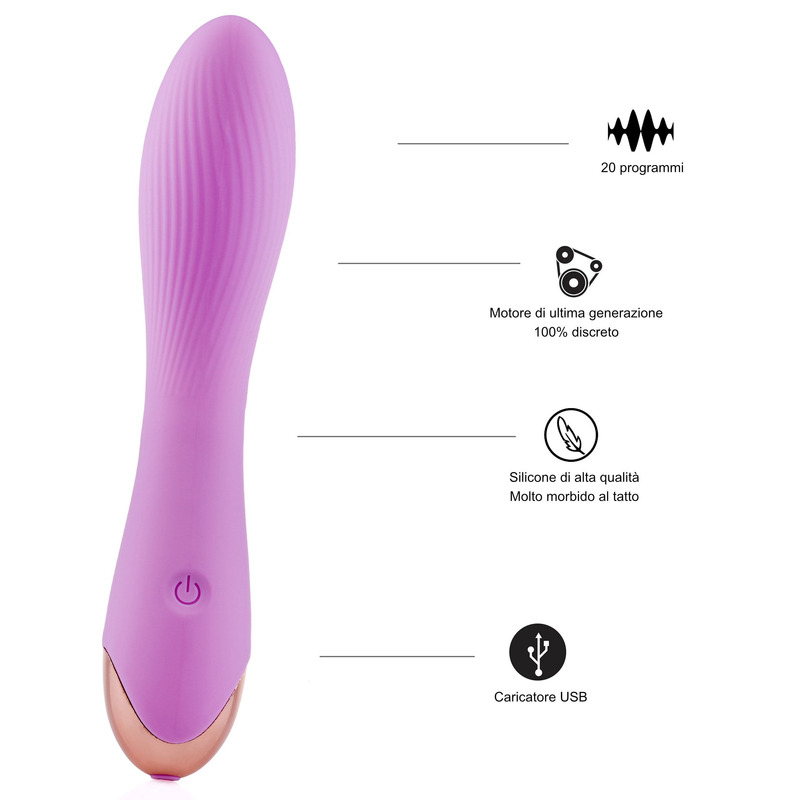 Vibratore viola con 20 programmi, motore discreto, silicone e caricatore USB.