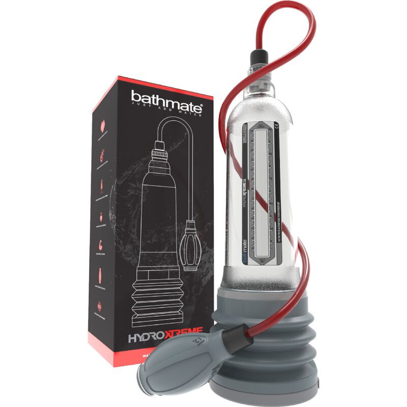 Bathmate HydroXtreme11 Clear con confezione. Cilindro trasparente, tubo rosso, pompa manuale.