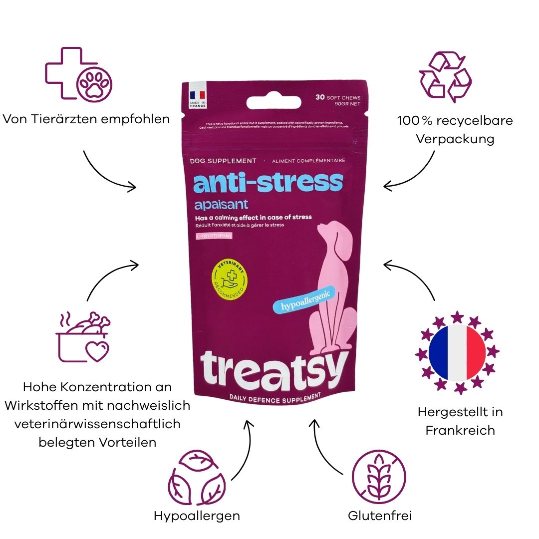 Confezione di integratore anti-stress per cani. Ipoallergenico, senza glutine, prodotto in Francia.