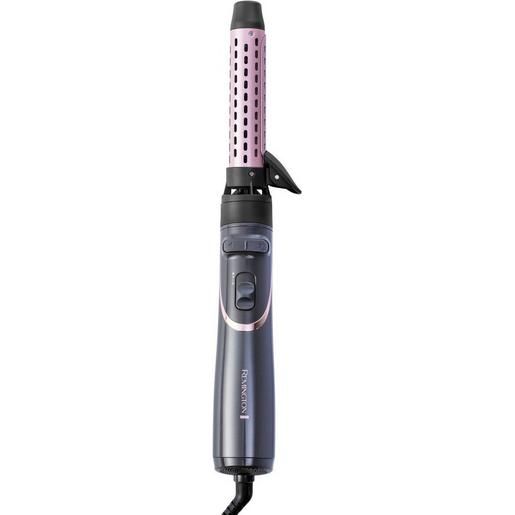 Styler per capelli con accessorio arricciacapelli. Dispositivo grigio-rosa con pulsanti e cavo. Logo Remington.