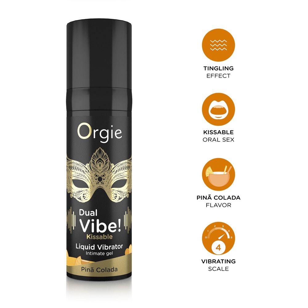 Flacone nero con maschera dorata e testo. Contiene 'Dual Vibe! Kissable Liquid Vibrator' e 'Pinã Colada'.