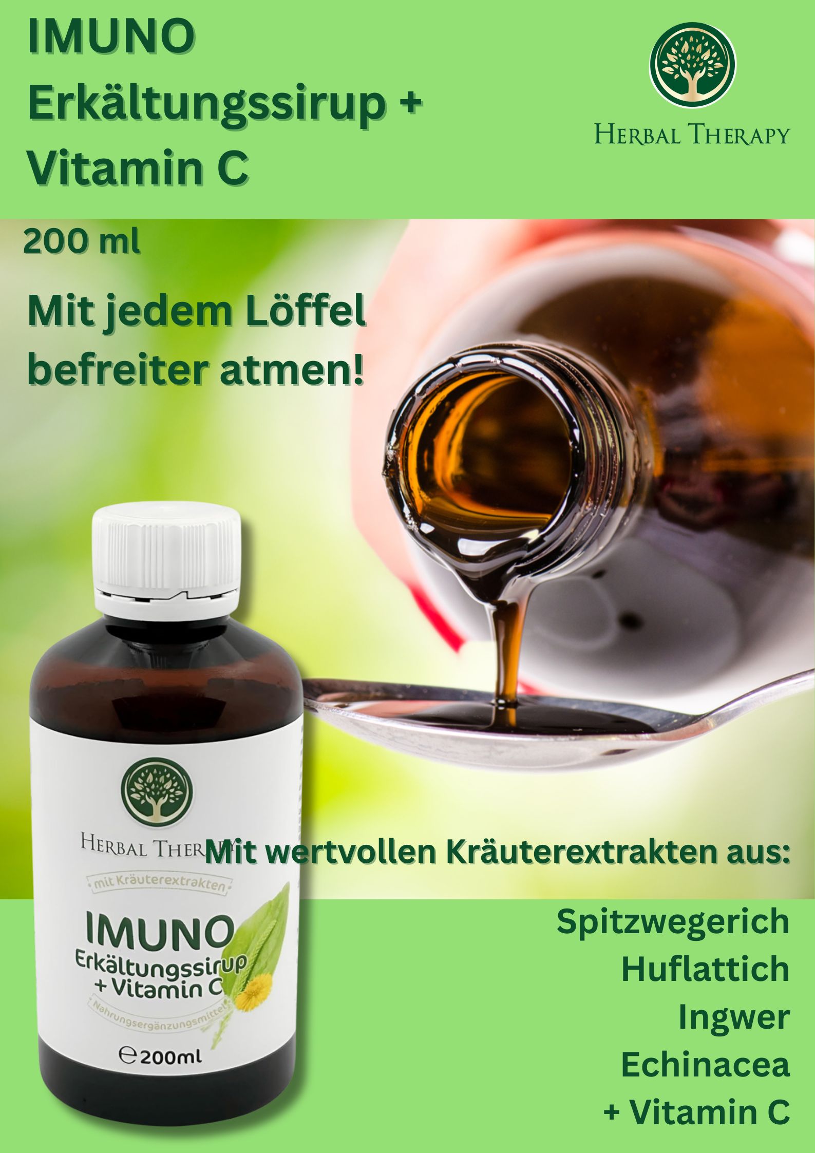 Bottiglia di sciroppo versato in un cucchiaio. Scritta: IMUNO Erkältungssirup + Vitamina C. E200ml.