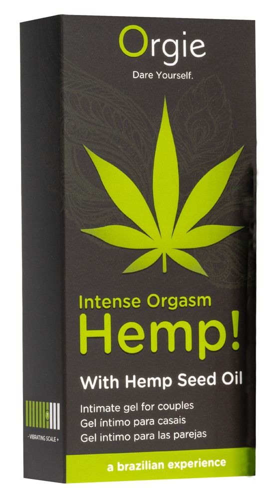 Confezione nera con foglia di cannabis verde e testo: Intense Orgasm Hemp! Gel intimo per coppie. Marchio: Orgie.