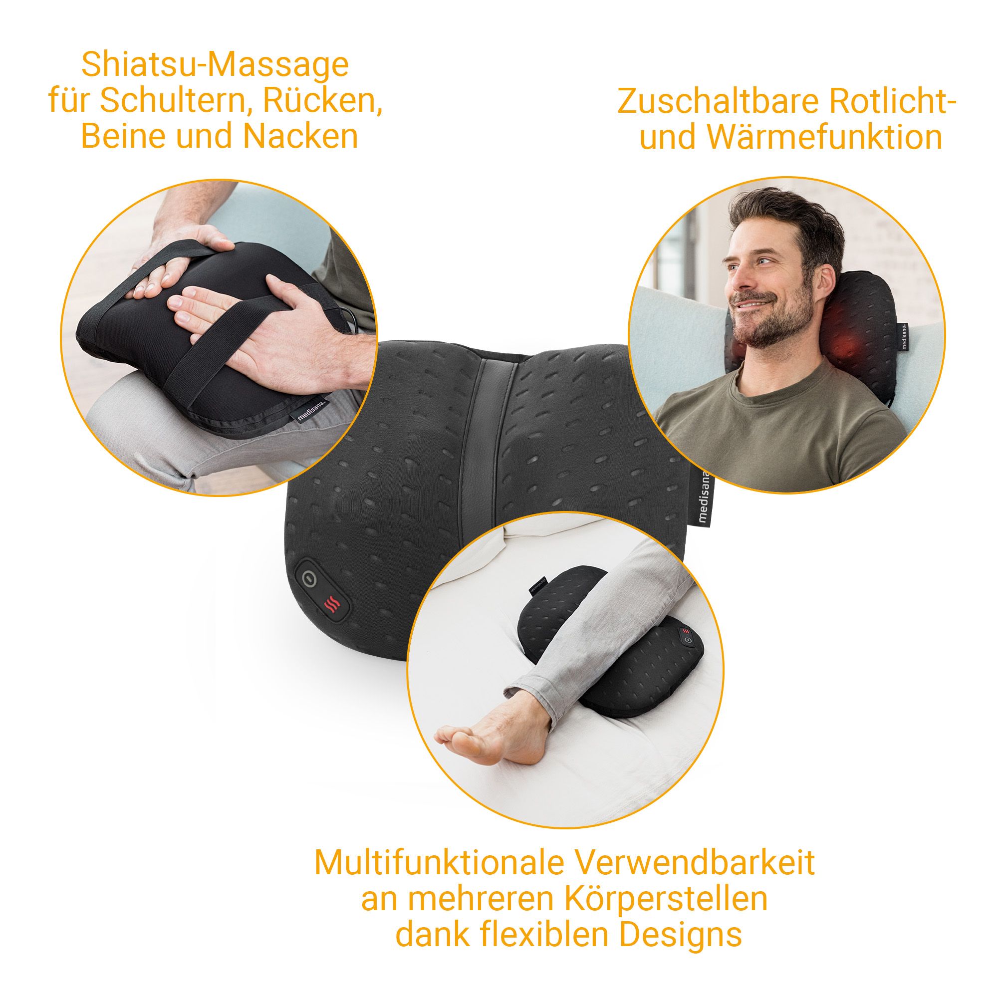 Cuscino massaggiante Shiatsu nero con testine rotanti, funzione calore e luce rossa.