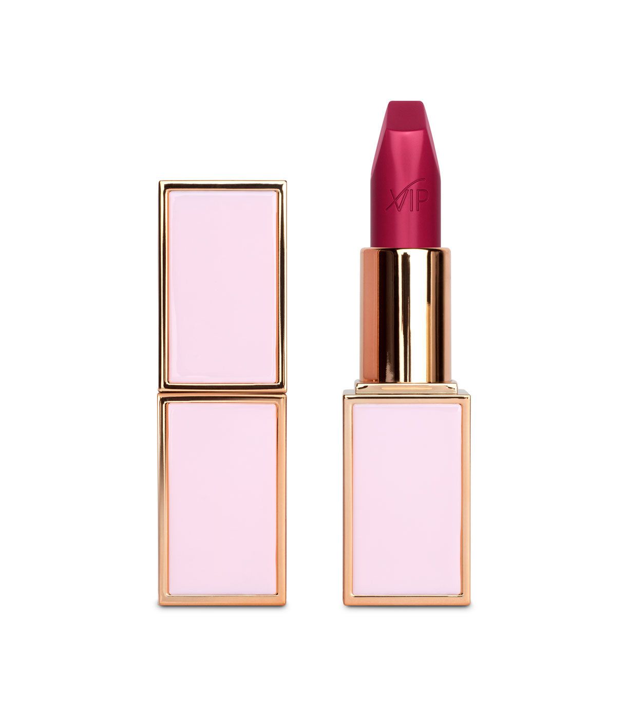 Un rossetto aperto rosa con astuccio dorato e inserti rosa.