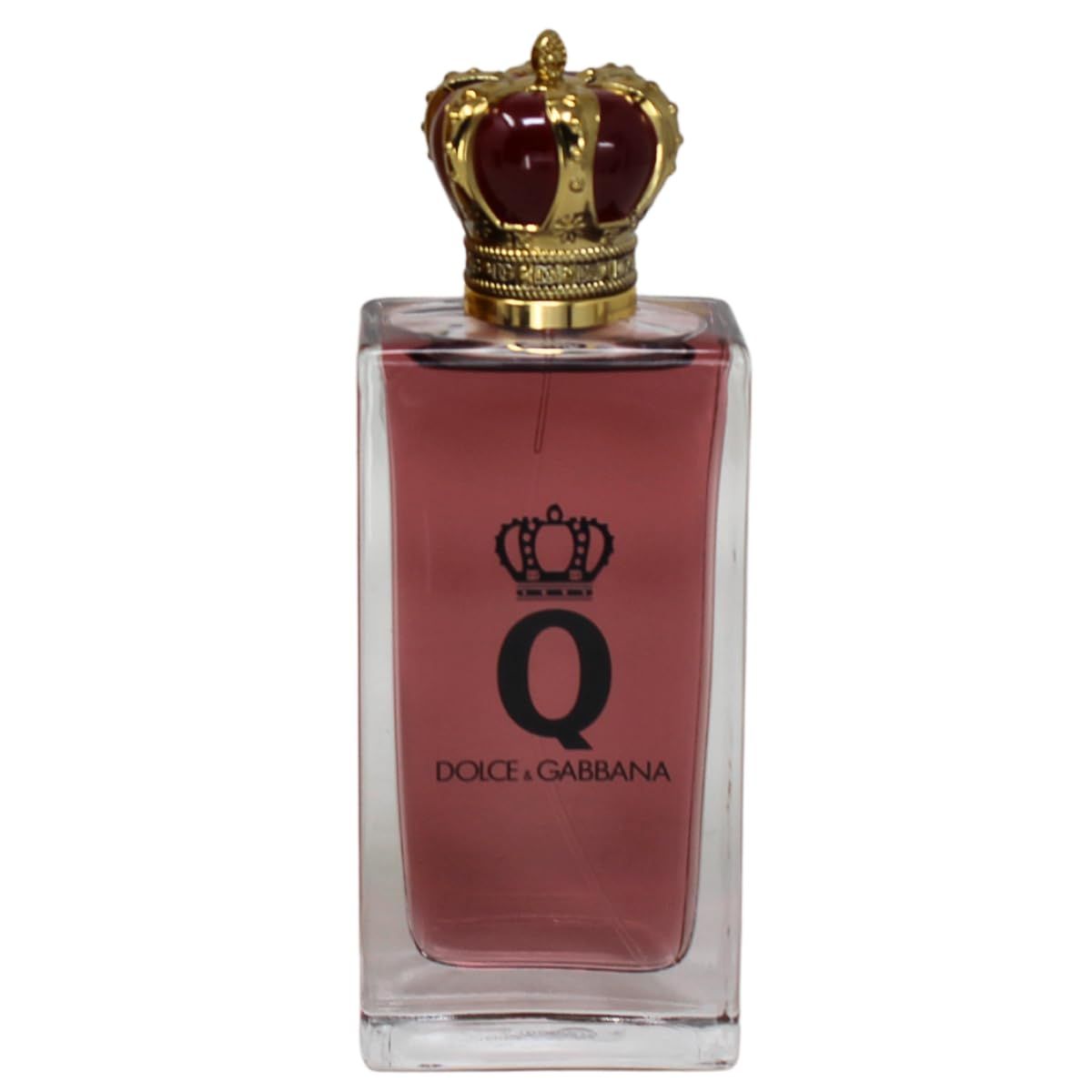 Flacone in vetro con liquido rosso. Tappo a corona dorato. Scritta: Q, DOLCE & GABBANA.