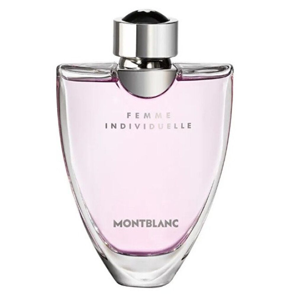 Flacone di profumo rosa con tappo argentato. Scritta: FEMME INDIVIDUELLE, MONTBLANC. Flacone a forma di goccia.