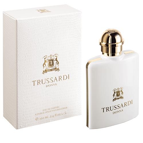 Flacone e confezione Trussardi Donna Eau de Parfum. Bianco con accenti dorati.