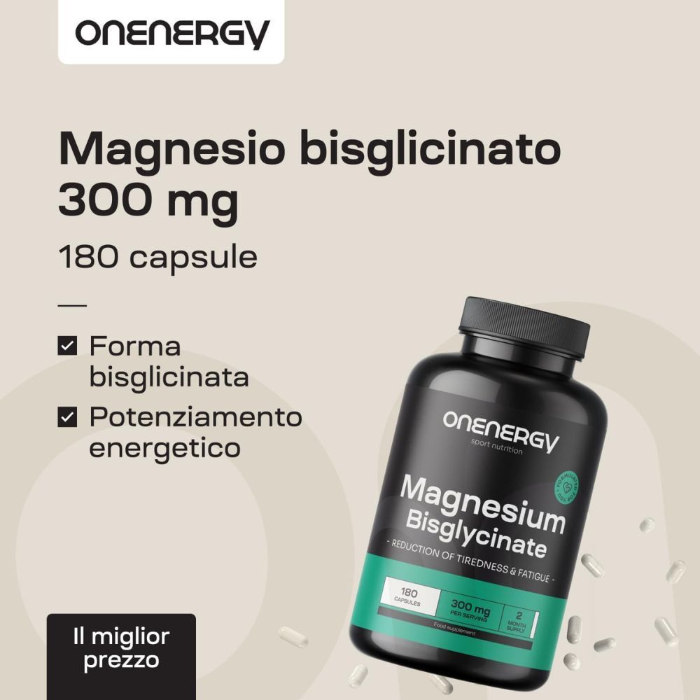 Flacone e capsule. Testo: Magnesio bisglicinato 300 mg, 180 capsule. Vantaggi: bisglicinato, energia.